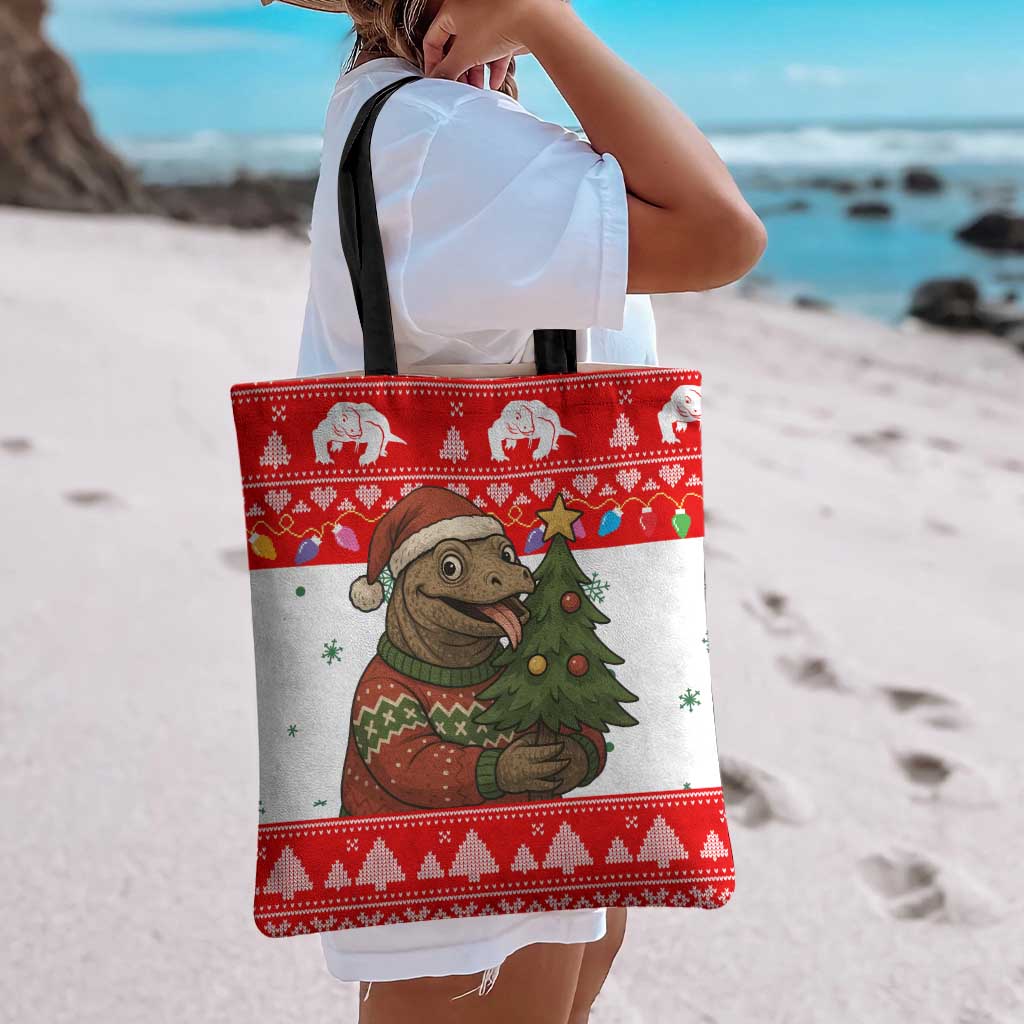 Indonesia Christmas Tote Bag with Komodo Dragon Santa Hat Christmas Tree and Red White Holiday - Wonder Print Shop