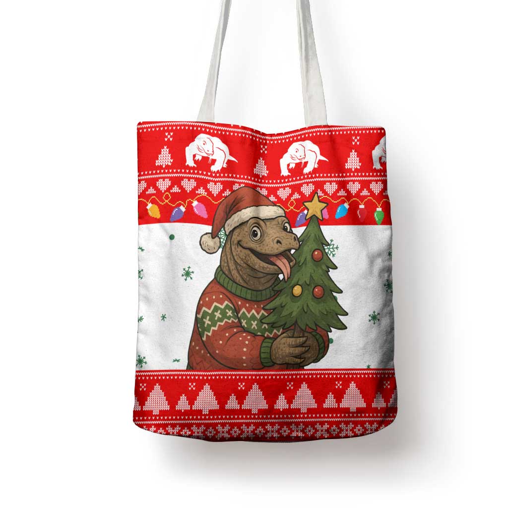 Indonesia Christmas Tote Bag with Komodo Dragon Santa Hat Christmas Tree and Red White Holiday - Wonder Print Shop
