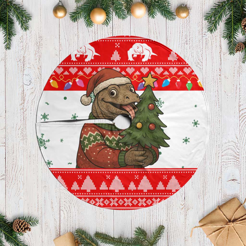 Indonesia Christmas Tree Skirt with Komodo Dragon Santa Hat Christmas Tree and Red White Holiday - Wonder Print Shop