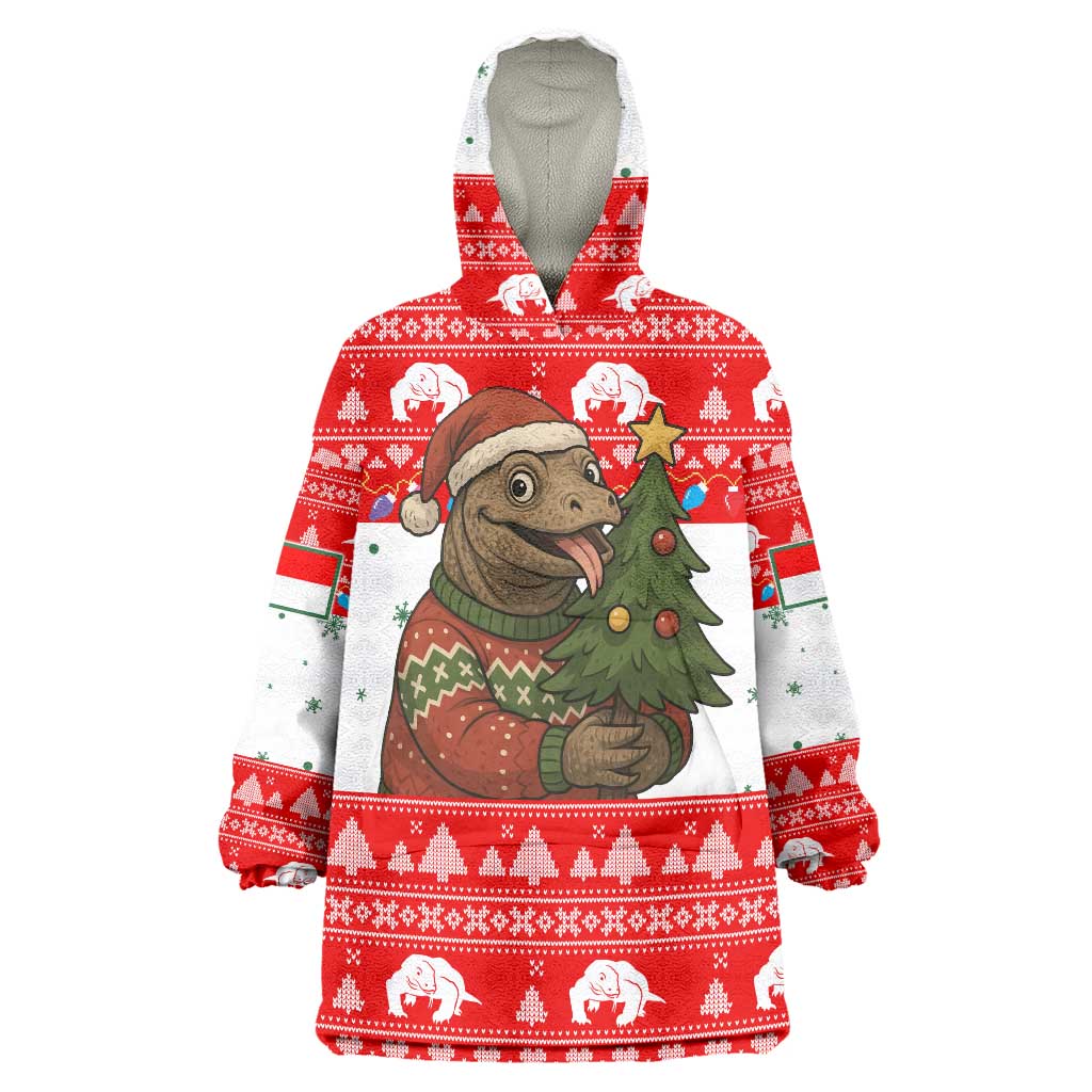 Indonesia Christmas Wearable Blanket Hoodie with Komodo Dragon Santa Hat Christmas Tree and Red White Holiday - Wonder Print Shop