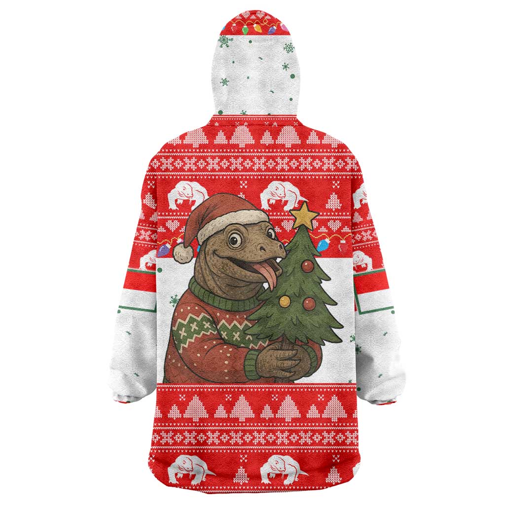 Indonesia Christmas Wearable Blanket Hoodie with Komodo Dragon Santa Hat Christmas Tree and Red White Holiday - Wonder Print Shop