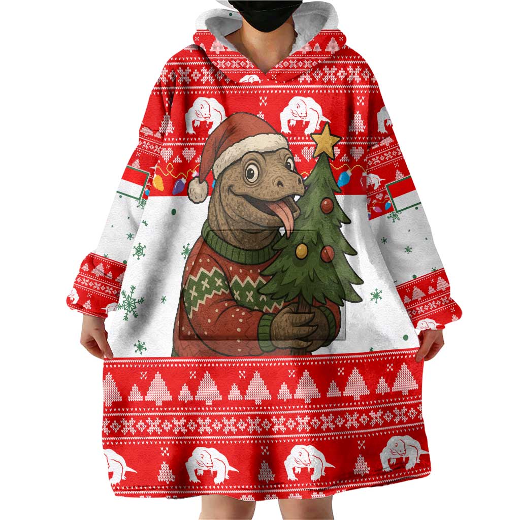 Indonesia Christmas Wearable Blanket Hoodie with Komodo Dragon Santa Hat Christmas Tree and Red White Holiday - Wonder Print Shop