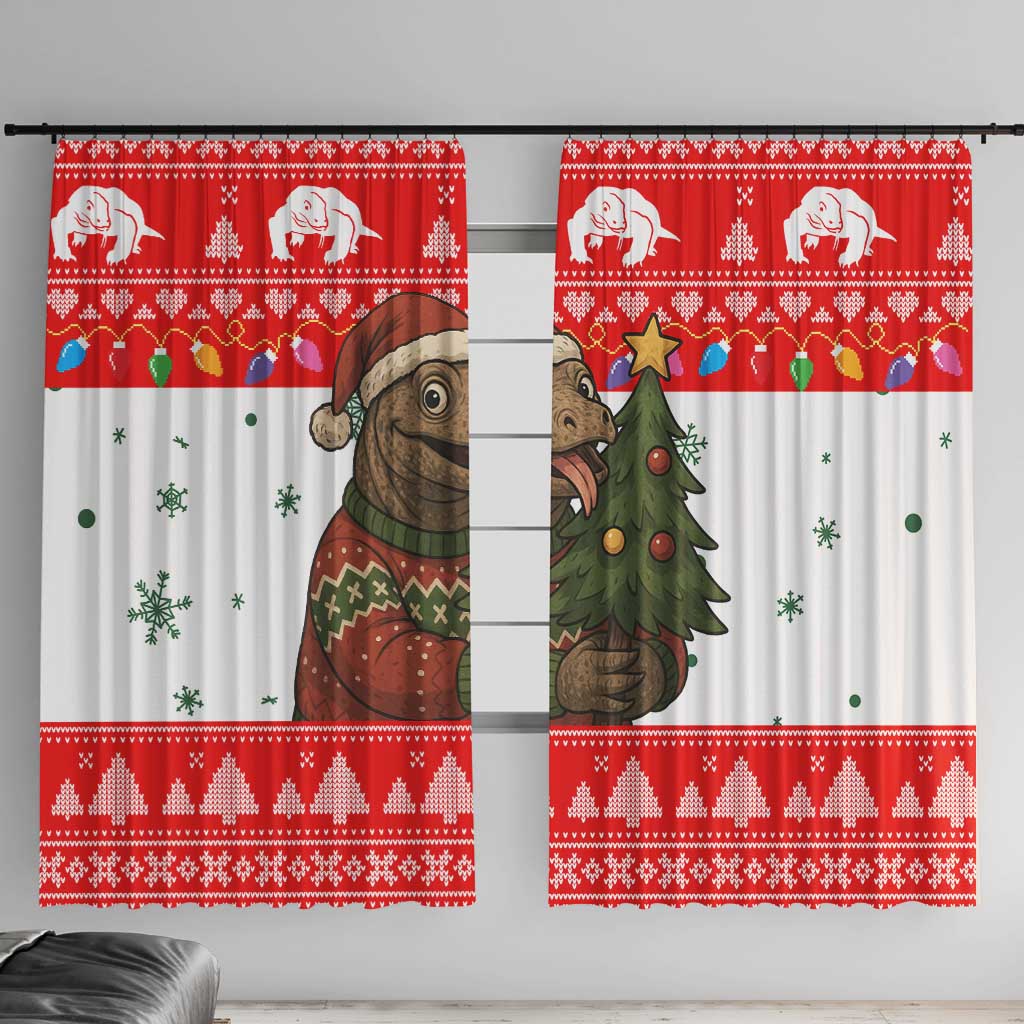 Indonesia Christmas Window Curtain with Komodo Dragon Santa Hat Christmas Tree and Red White Holiday - Wonder Print Shop