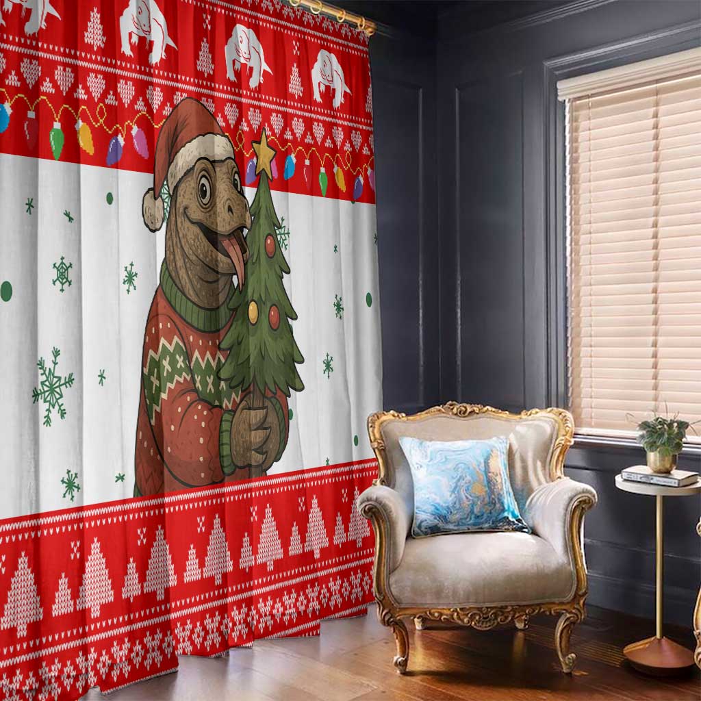 Indonesia Christmas Window Curtain with Komodo Dragon Santa Hat Christmas Tree and Red White Holiday - Wonder Print Shop