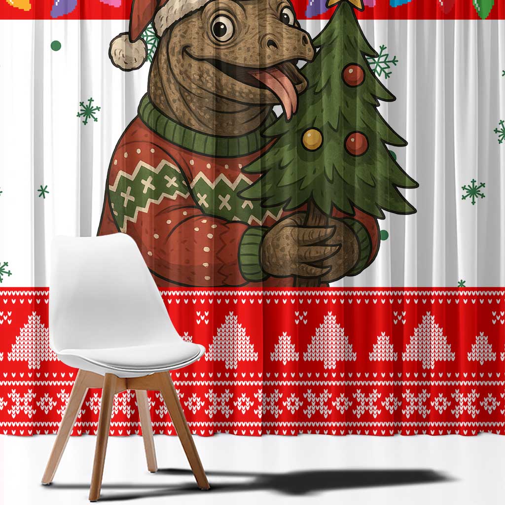 Indonesia Christmas Window Curtain with Komodo Dragon Santa Hat Christmas Tree and Red White Holiday - Wonder Print Shop