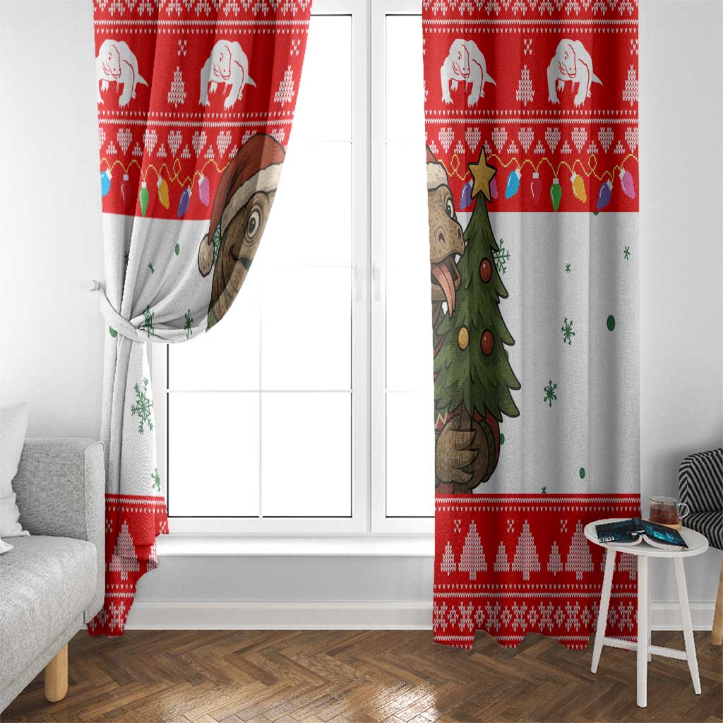 Indonesia Christmas Window Curtain with Komodo Dragon Santa Hat Christmas Tree and Red White Holiday - Wonder Print Shop
