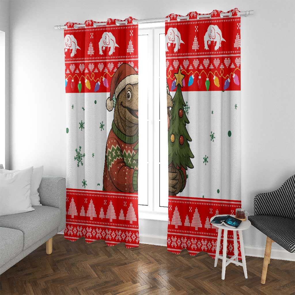 Indonesia Christmas Window Curtain with Komodo Dragon Santa Hat Christmas Tree and Red White Holiday - Wonder Print Shop