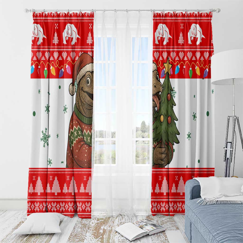 Indonesia Christmas Window Curtain with Komodo Dragon Santa Hat Christmas Tree and Red White Holiday - Wonder Print Shop