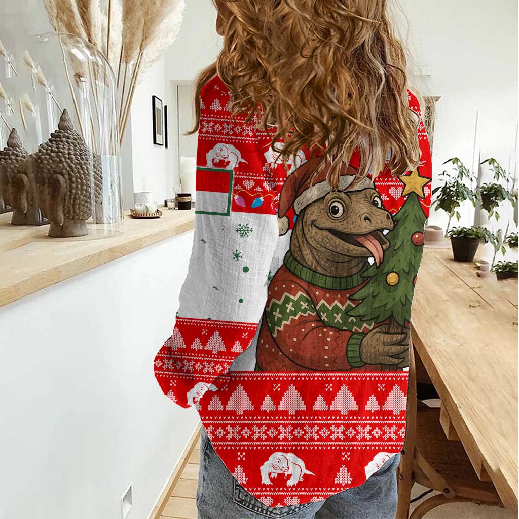 Indonesia Christmas Women Casual Shirt with Komodo Dragon Santa Hat Christmas Tree and Red White Holiday - Wonder Print Shop