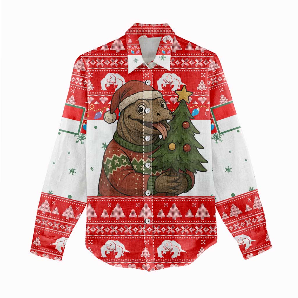Indonesia Christmas Women Casual Shirt with Komodo Dragon Santa Hat Christmas Tree and Red White Holiday - Wonder Print Shop