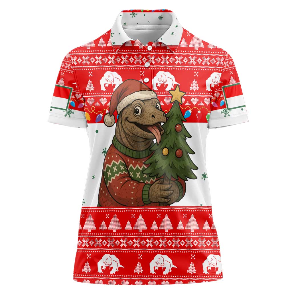 Indonesia Christmas Women Polo Shirt with Komodo Dragon Santa Hat Christmas Tree and Red White Holiday - Wonder Print Shop