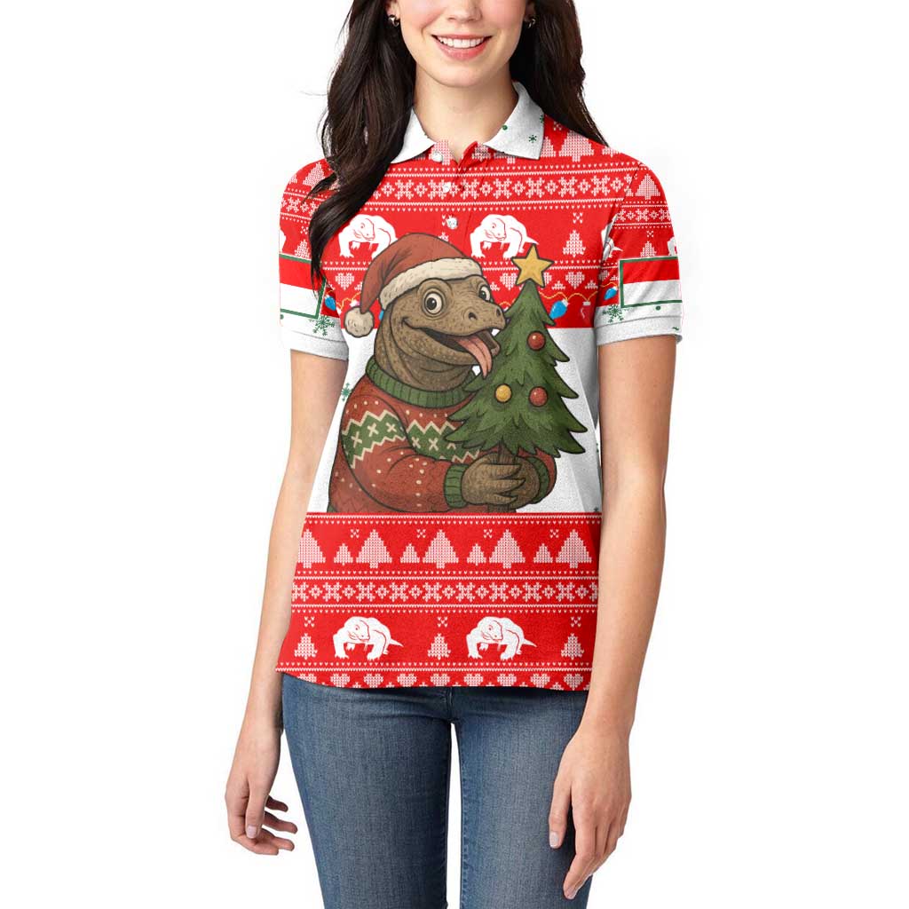 Indonesia Christmas Women Polo Shirt with Komodo Dragon Santa Hat Christmas Tree and Red White Holiday - Wonder Print Shop