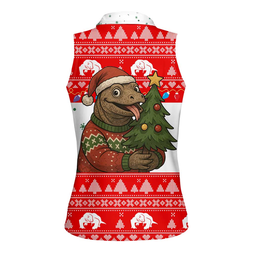 Indonesia Christmas Women Sleeveless Polo Shirt with Komodo Dragon Santa Hat Christmas Tree and Red White Holiday - Wonder Print Shop