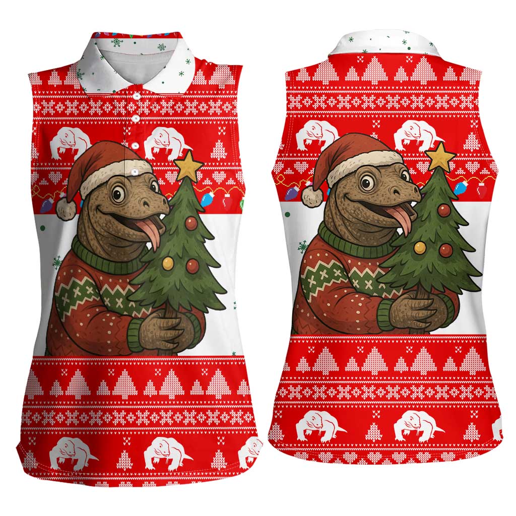 Indonesia Christmas Women Sleeveless Polo Shirt with Komodo Dragon Santa Hat Christmas Tree and Red White Holiday - Wonder Print Shop