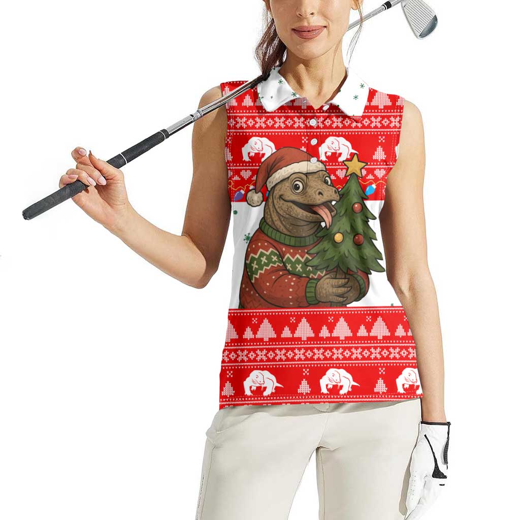 Indonesia Christmas Women Sleeveless Polo Shirt with Komodo Dragon Santa Hat Christmas Tree and Red White Holiday - Wonder Print Shop