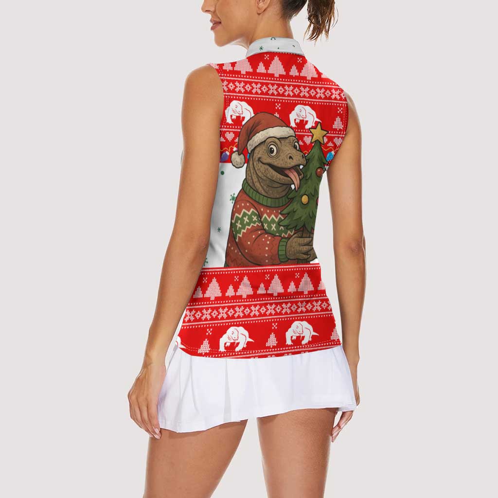 Indonesia Christmas Women Sleeveless Polo Shirt with Komodo Dragon Santa Hat Christmas Tree and Red White Holiday - Wonder Print Shop