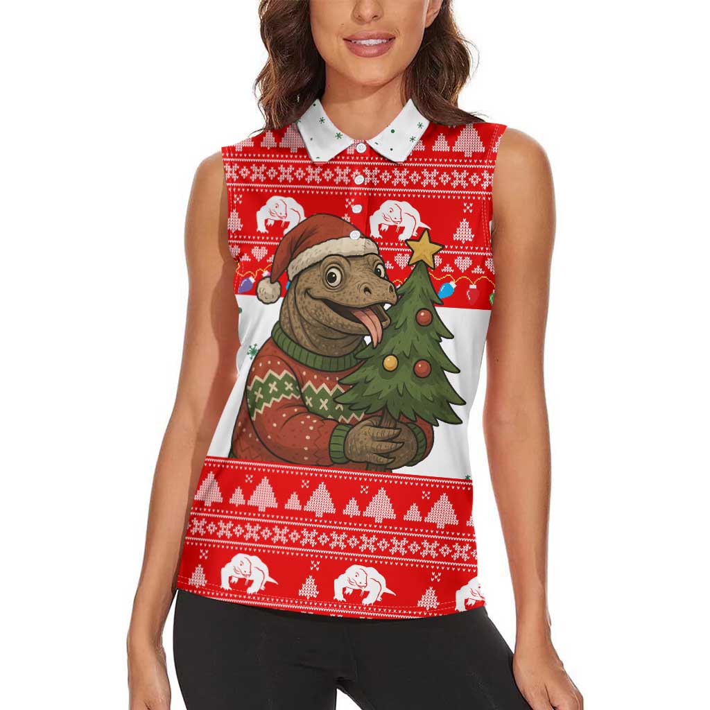 Indonesia Christmas Women Sleeveless Polo Shirt with Komodo Dragon Santa Hat Christmas Tree and Red White Holiday - Wonder Print Shop