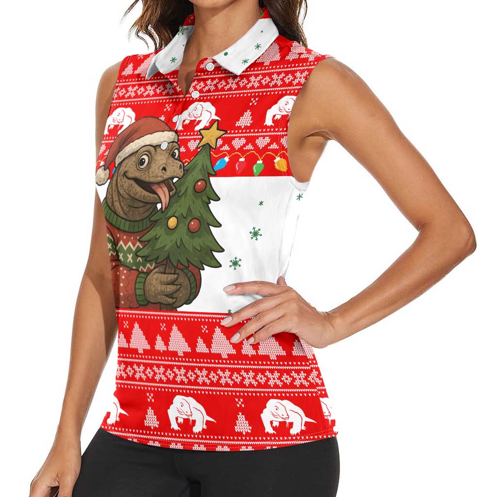 Indonesia Christmas Women Sleeveless Polo Shirt with Komodo Dragon Santa Hat Christmas Tree and Red White Holiday - Wonder Print Shop