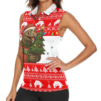 Indonesia Christmas Women Sleeveless Polo Shirt with Komodo Dragon Santa Hat Christmas Tree and Red White Holiday - Wonder Print Shop