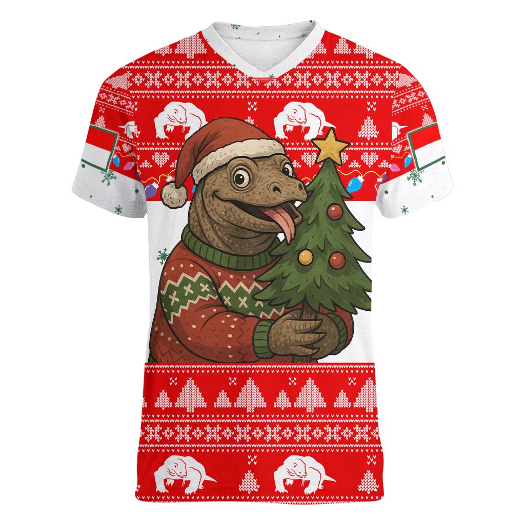 Indonesia Christmas Women V-Neck T-Shirt with Komodo Dragon Santa Hat Christmas Tree and Red White Holiday - Wonder Print Shop