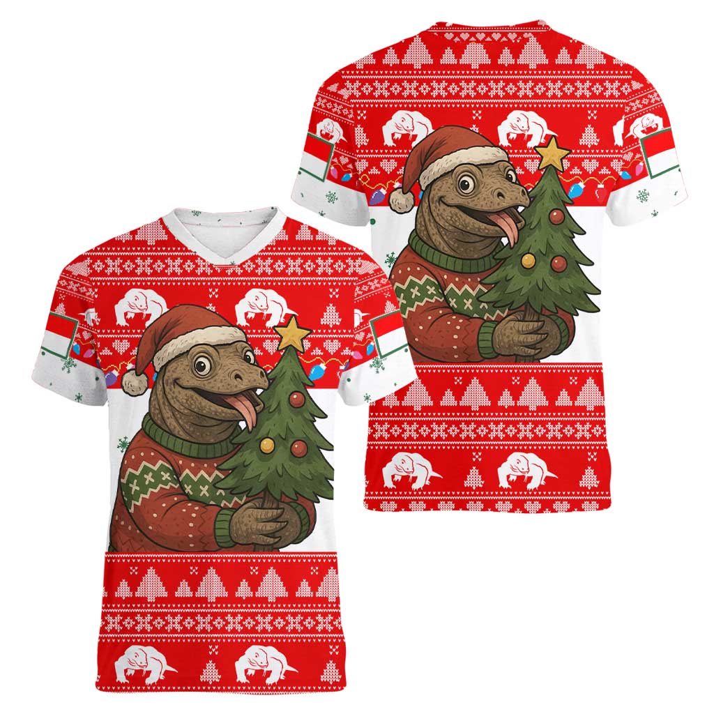 Indonesia Christmas Women V-Neck T-Shirt with Komodo Dragon Santa Hat Christmas Tree and Red White Holiday - Wonder Print Shop