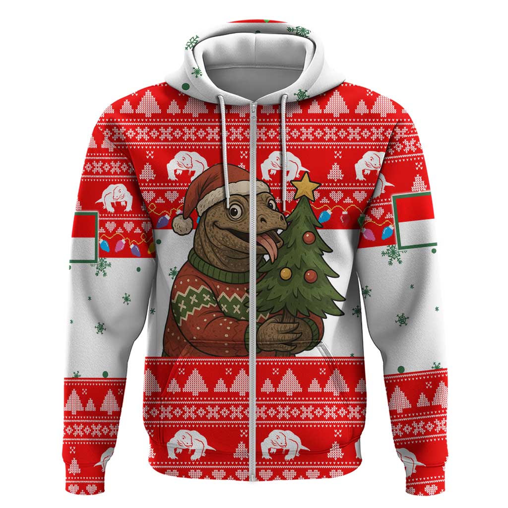 Indonesia Christmas Zip Hoodie with Komodo Dragon Santa Hat Christmas Tree and Red White Holiday - Wonder Print Shop