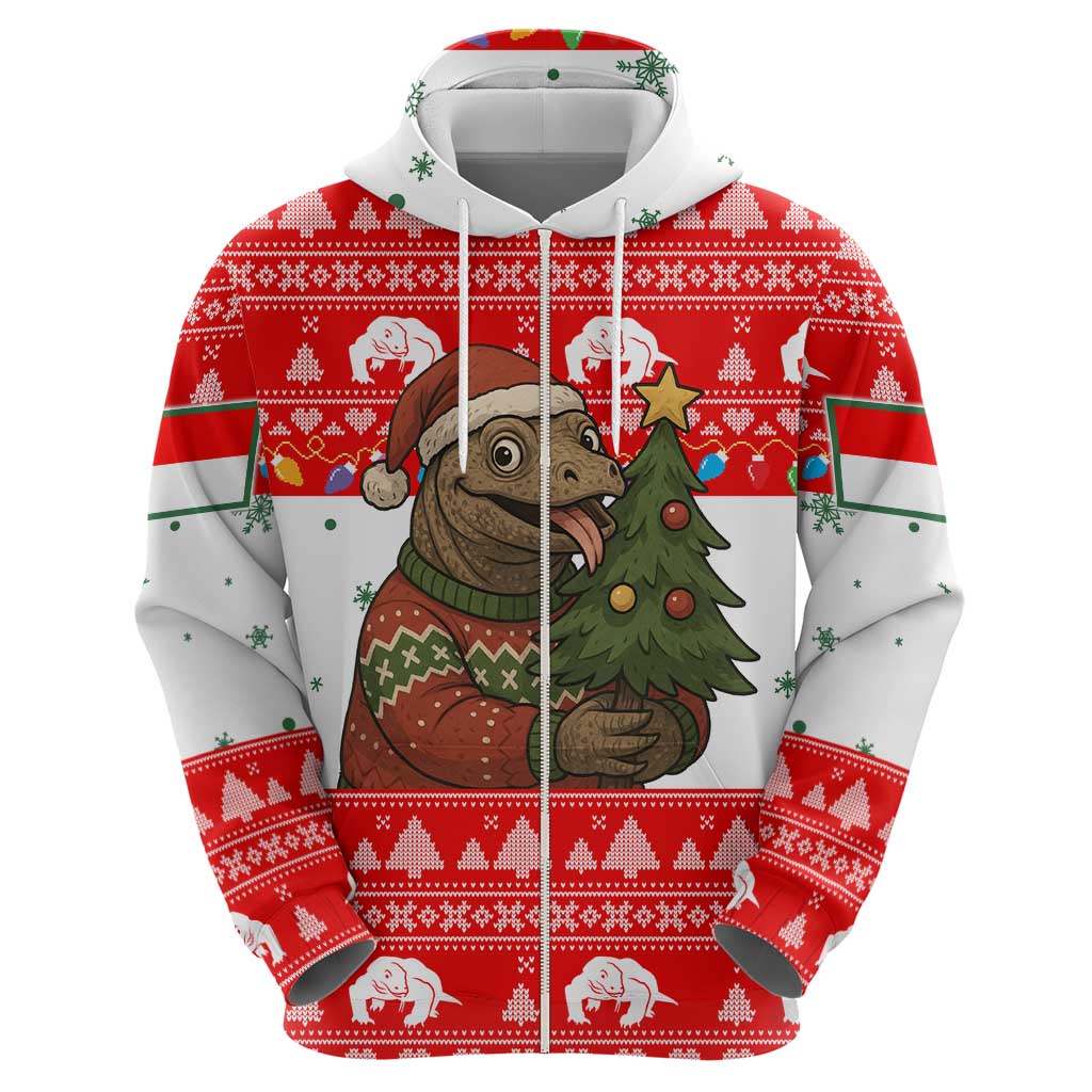 Indonesia Christmas Zip Hoodie with Komodo Dragon Santa Hat Christmas Tree and Red White Holiday - Wonder Print Shop