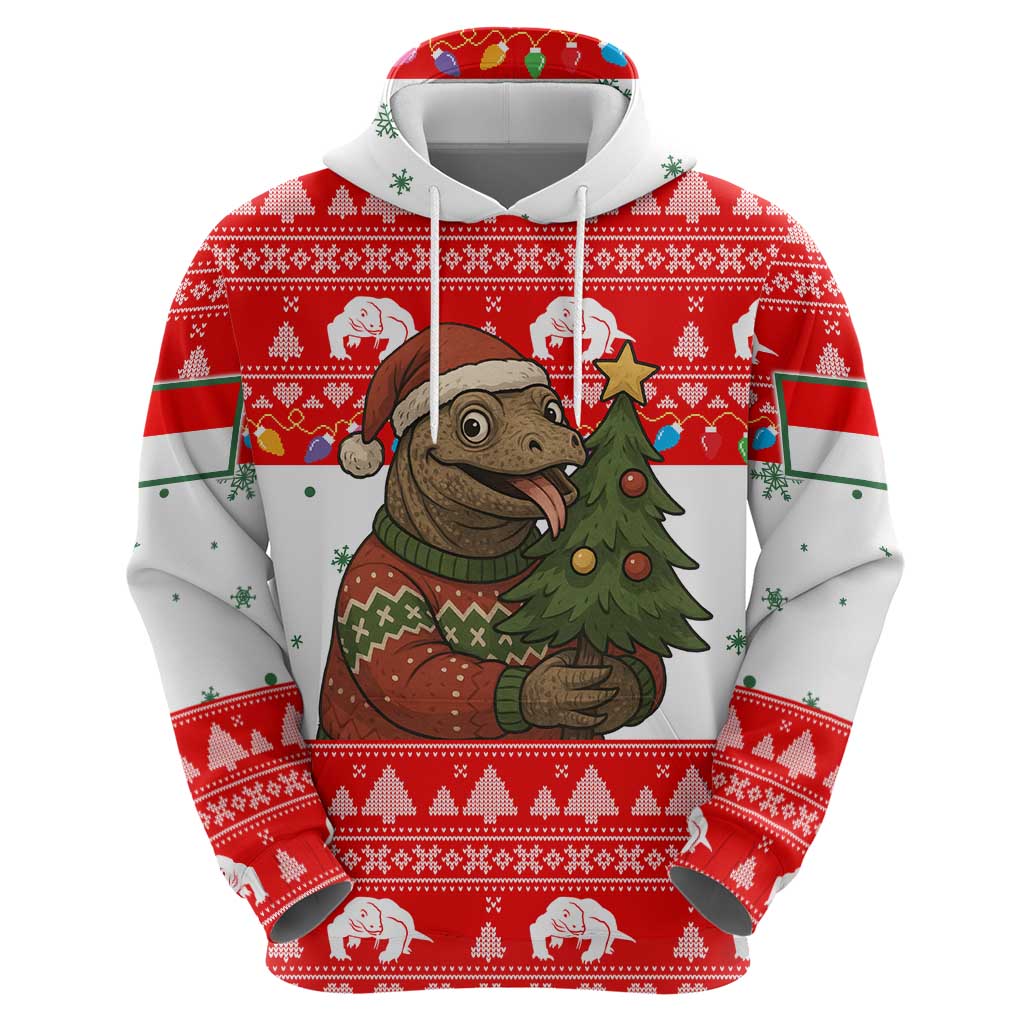 Indonesia Christmas Zip Hoodie with Komodo Dragon Santa Hat Christmas Tree and Red White Holiday - Wonder Print Shop