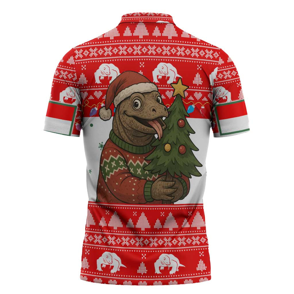 Indonesia Christmas Zipper Polo Shirt with Komodo Dragon Santa Hat Christmas Tree and Red White Holiday - Wonder Print Shop