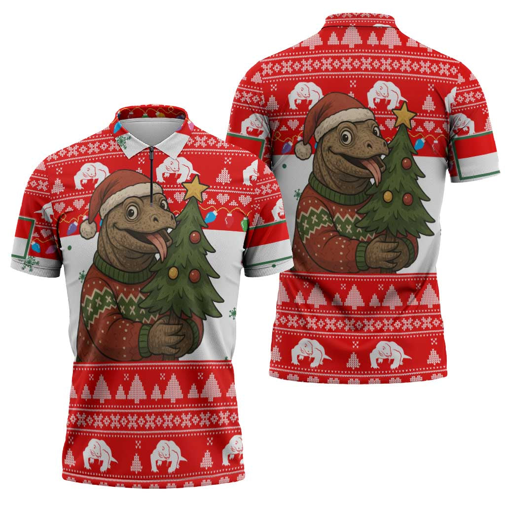 Indonesia Christmas Zipper Polo Shirt with Komodo Dragon Santa Hat Christmas Tree and Red White Holiday - Wonder Print Shop