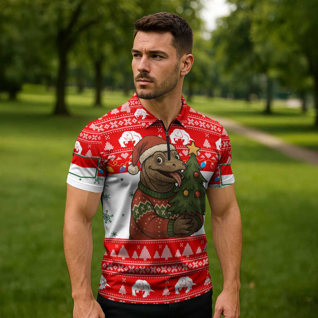 Indonesia Christmas Zipper Polo Shirt with Komodo Dragon Santa Hat Christmas Tree and Red White Holiday - Wonder Print Shop