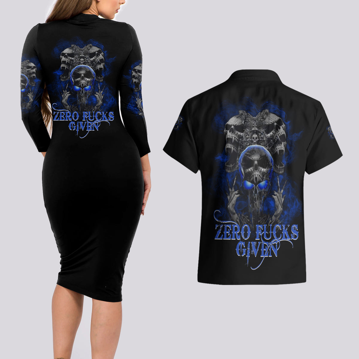 Skull Butterfly Demon - Zero Fck Given Couples Matching Long Sleeve Bodycon Dress and Hawaiian Shirt - Wonder Print Shop