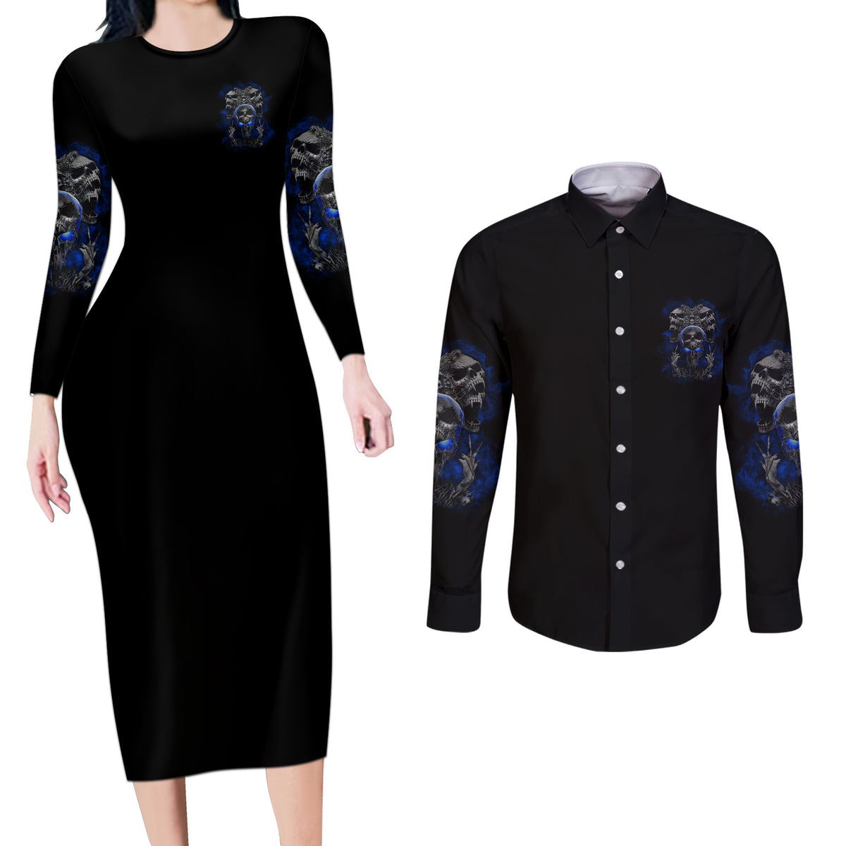 Skull Butterfly Demon - Zero Fck Given Couples Matching Long Sleeve Bodycon Dress and Long Sleeve Button Shirt - Wonder Print Shop