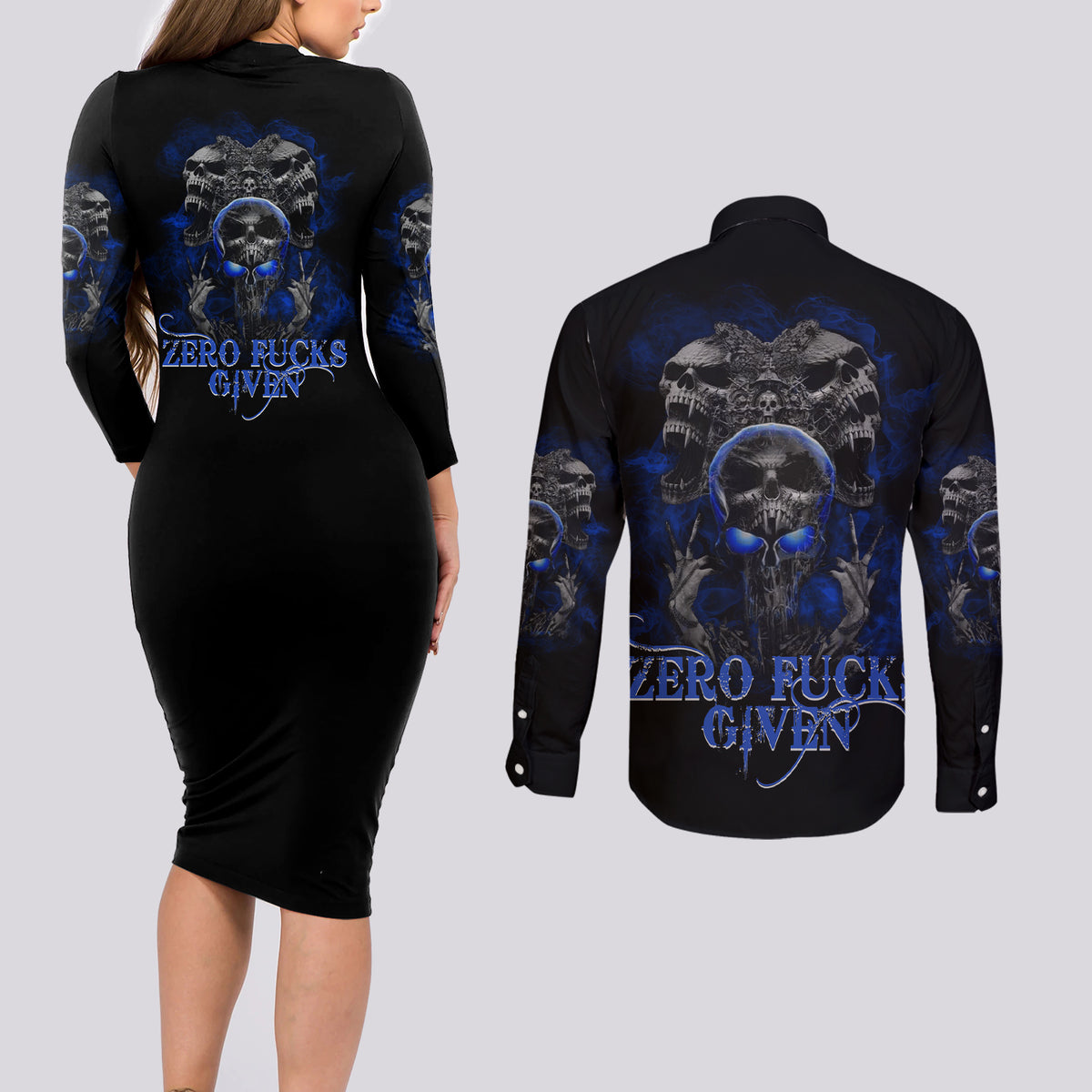 Skull Butterfly Demon - Zero Fck Given Couples Matching Long Sleeve Bodycon Dress and Long Sleeve Button Shirt - Wonder Print Shop