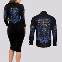 Skull Butterfly Demon - Zero Fck Given Couples Matching Long Sleeve Bodycon Dress and Long Sleeve Button Shirt - Wonder Print Shop