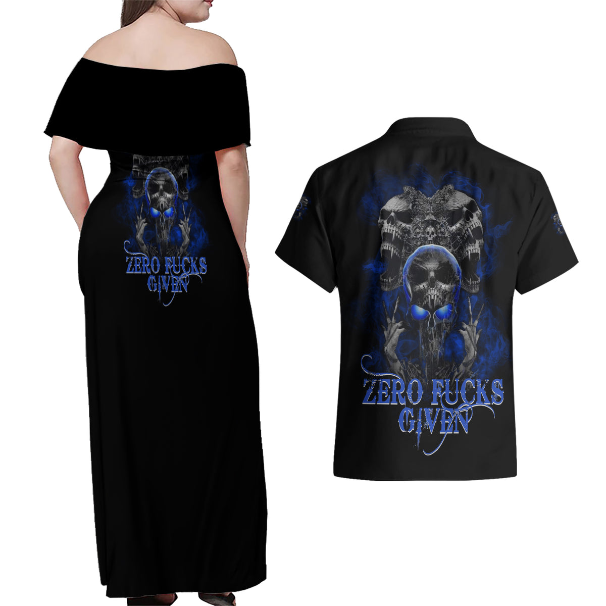 Skull Butterfly Demon - Zero Fck Given Couples Matching Off Shoulder Maxi Dress and Hawaiian Shirt - Wonder Print Shop