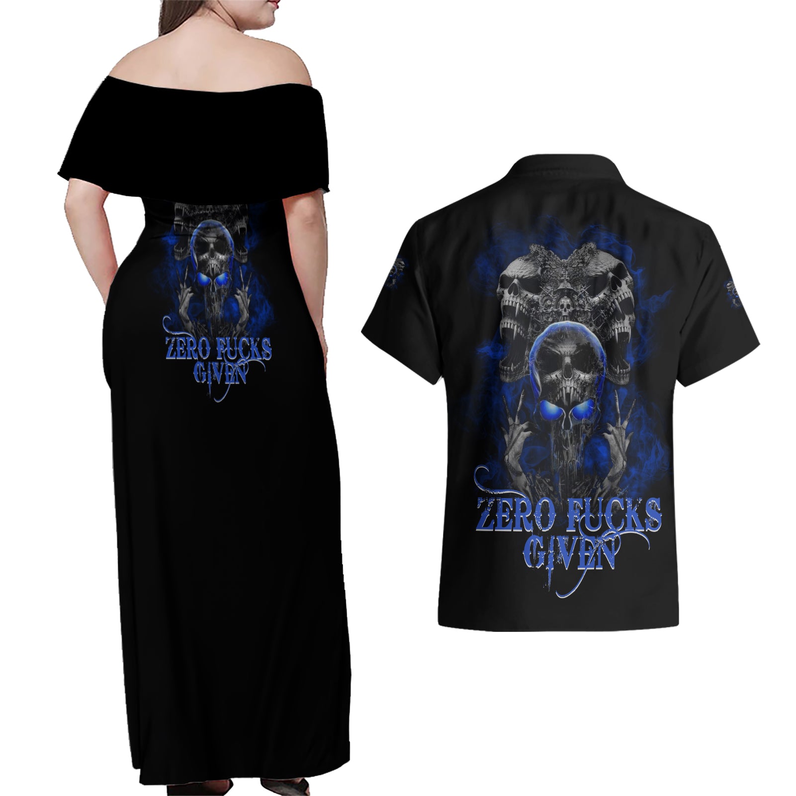 Skull Butterfly Demon - Zero Fck Given Couples Matching Off Shoulder Maxi Dress and Hawaiian Shirt - Wonder Print Shop