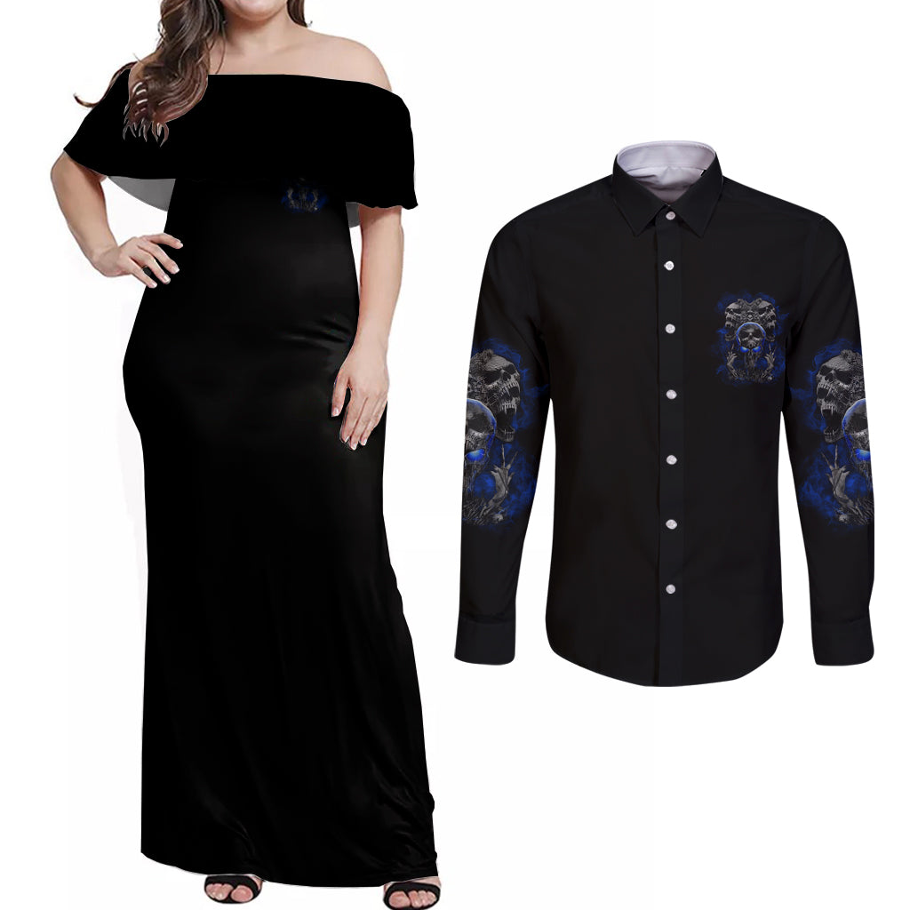 Skull Butterfly Demon - Zero Fck Given Couples Matching Off Shoulder Maxi Dress and Long Sleeve Button Shirt - Wonder Print Shop