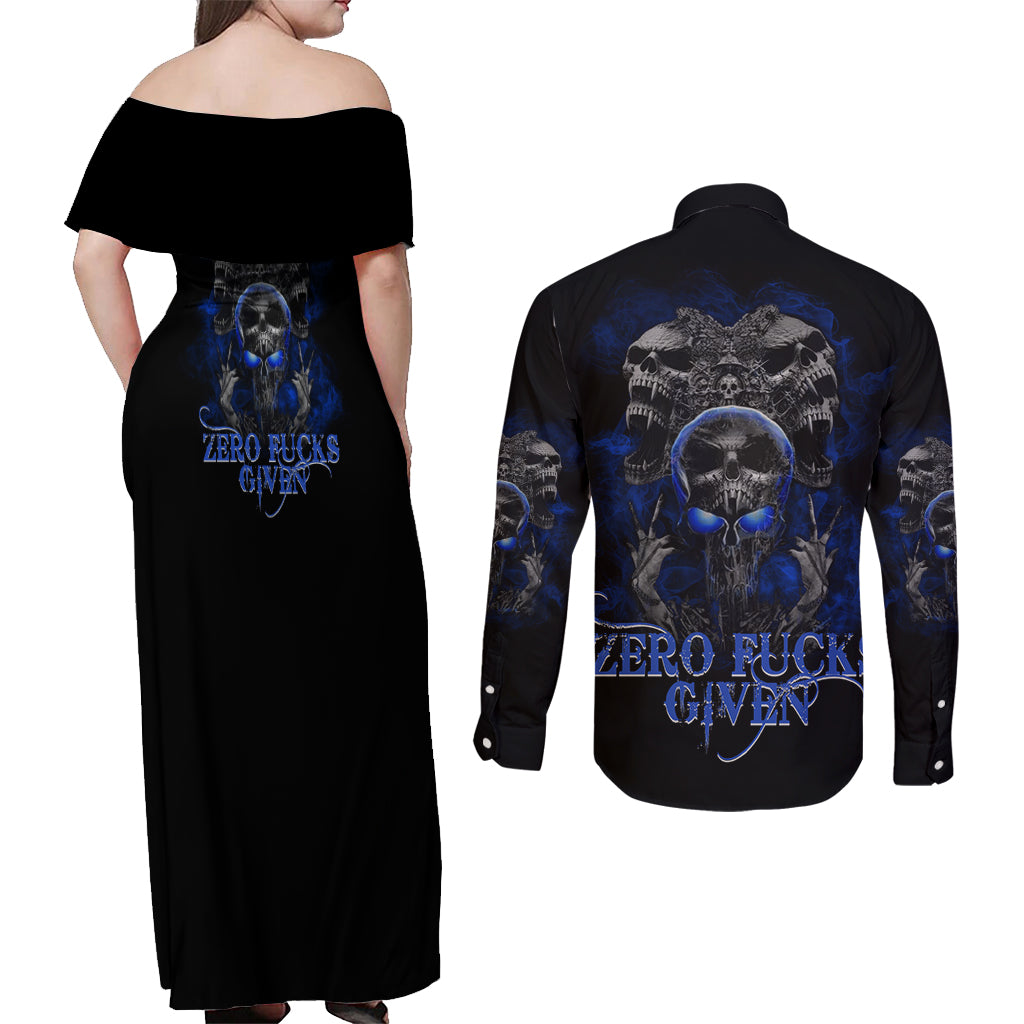 Skull Butterfly Demon - Zero Fck Given Couples Matching Off Shoulder Maxi Dress and Long Sleeve Button Shirt - Wonder Print Shop