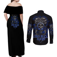 Skull Butterfly Demon - Zero Fck Given Couples Matching Off Shoulder Maxi Dress and Long Sleeve Button Shirt - Wonder Print Shop