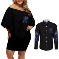 Skull Butterfly Demon - Zero Fck Given Couples Matching Off Shoulder Short Dress and Long Sleeve Button Shirt - Wonder Print Shop