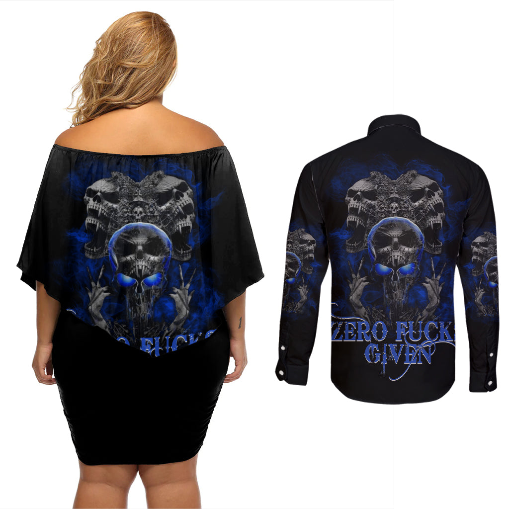 Skull Butterfly Demon - Zero Fck Given Couples Matching Off Shoulder Short Dress and Long Sleeve Button Shirt - Wonder Print Shop