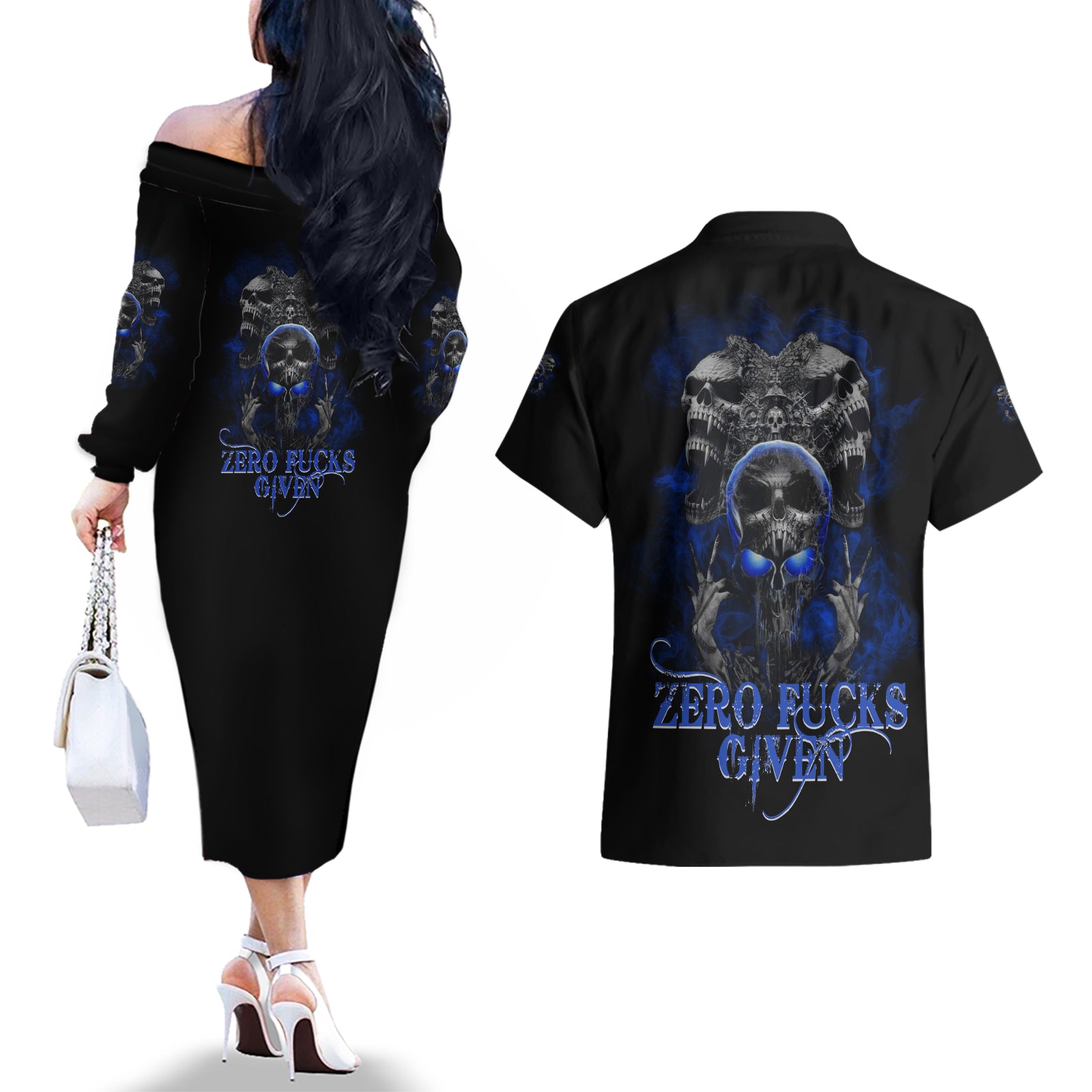 Skull Butterfly Demon - Zero Fck Given Couples Matching Off The Shoulder Long Sleeve Dress and Hawaiian Shirt - Wonder Print Shop