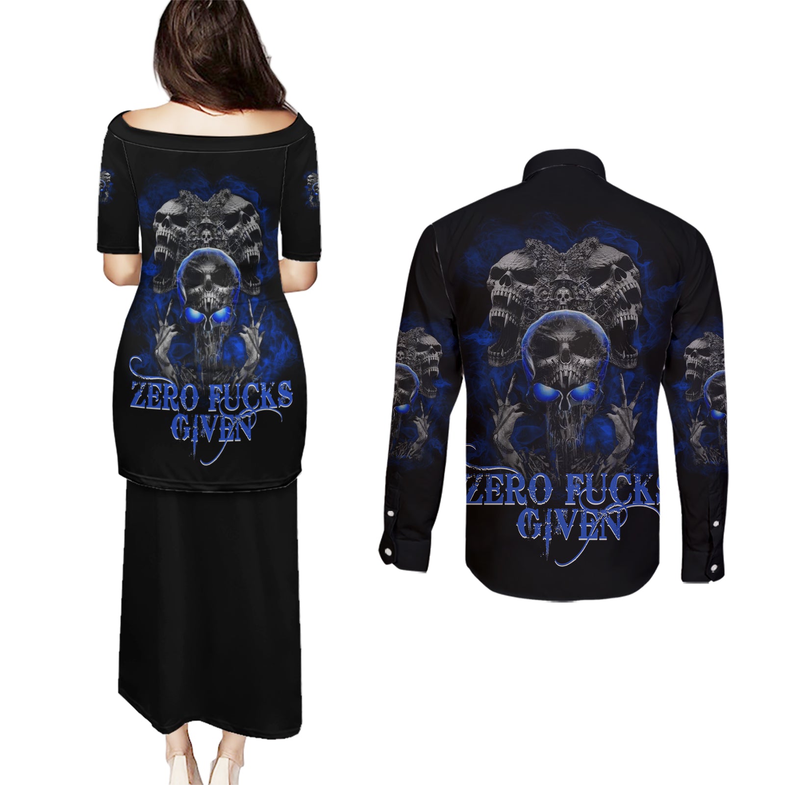 Skull Butterfly Demon - Zero Fck Given Couples Matching Puletasi Dress and Long Sleeve Button Shirt - Wonder Print Shop