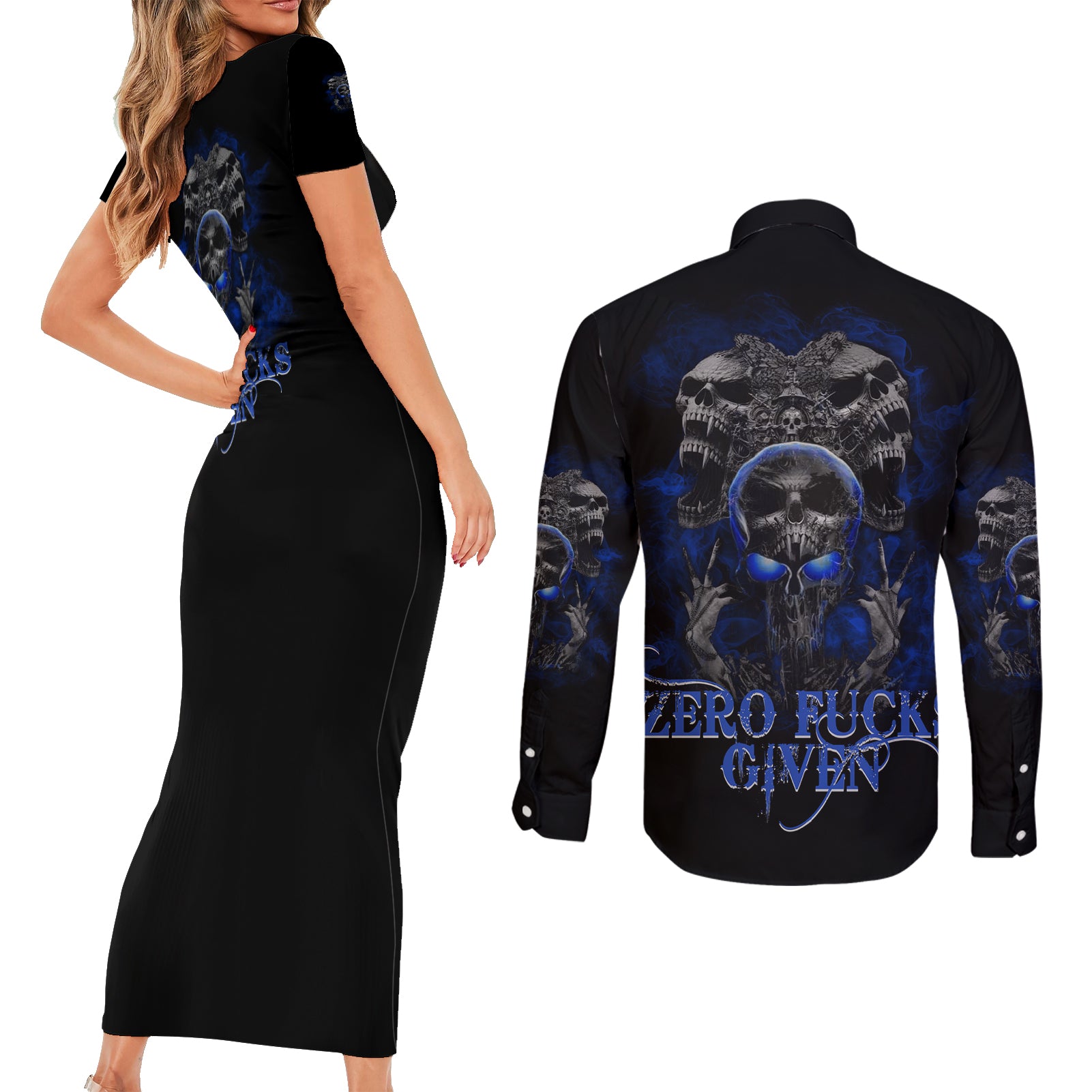 Skull Butterfly Demon - Zero Fck Given Couples Matching Short Sleeve Bodycon Dress and Long Sleeve Button Shirt - Wonder Print Shop