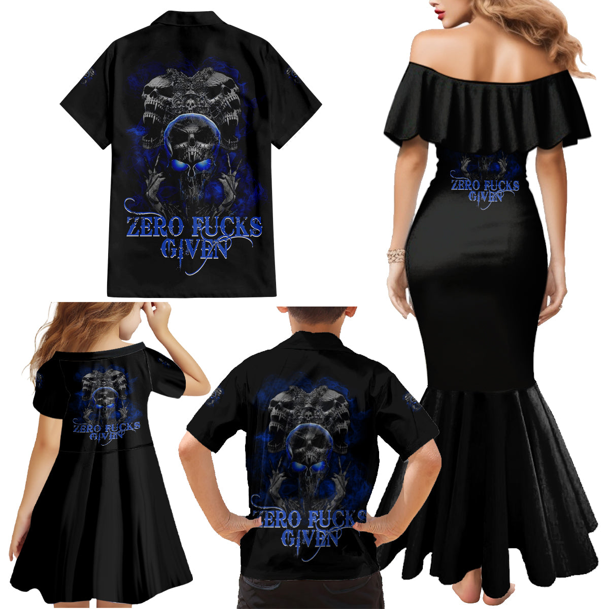 Skull Butterfly Demon - Zero Fck Given Family Matching Mermaid Dress and Hawaiian Shirt - Wonder Print Shop
