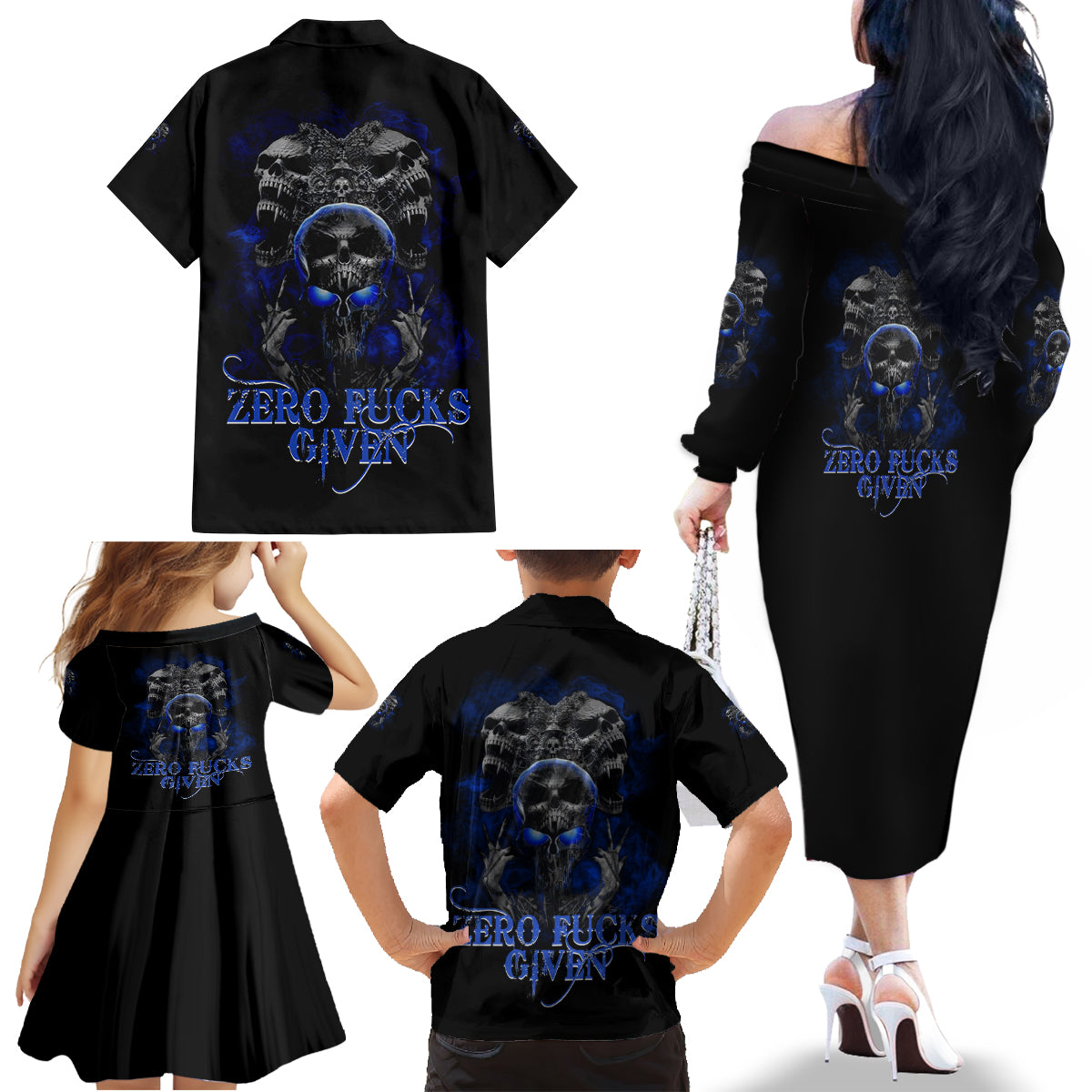 Skull Butterfly Demon - Zero Fck Given Family Matching Off Shoulder Long Sleeve Dress and Hawaiian Shirt - Wonder Print Shop