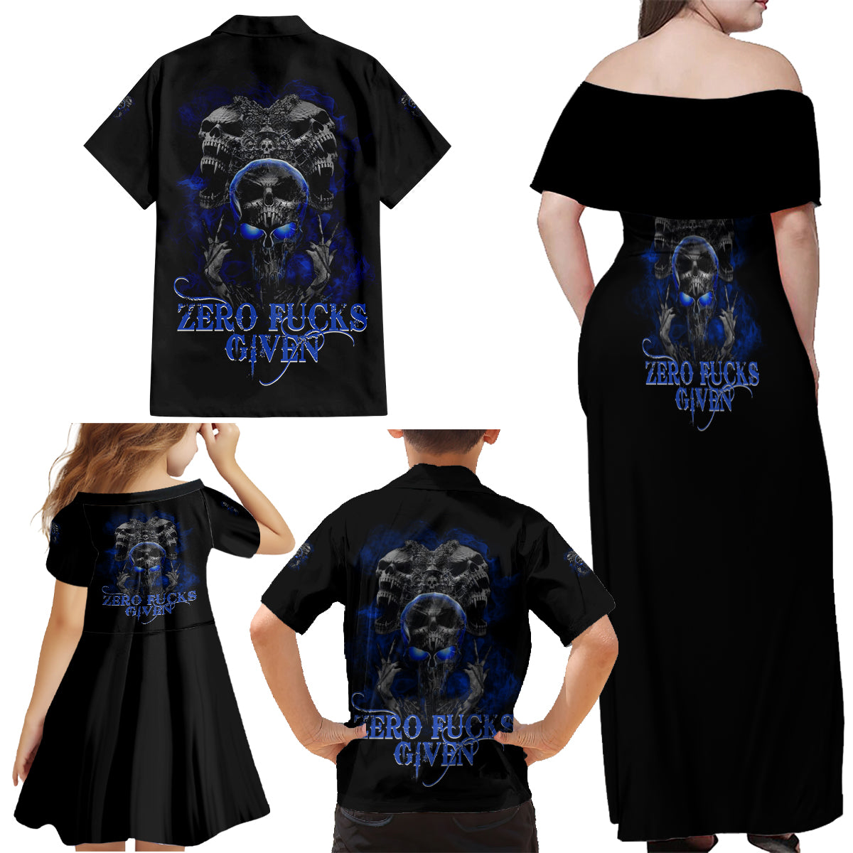 Skull Butterfly Demon - Zero Fck Given Family Matching Off Shoulder Maxi Dress and Hawaiian Shirt - Wonder Print Shop