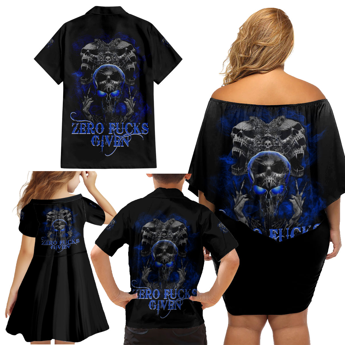 Skull Butterfly Demon - Zero Fck Given Family Matching Off Shoulder Short Dress and Hawaiian Shirt - Wonder Print Shop
