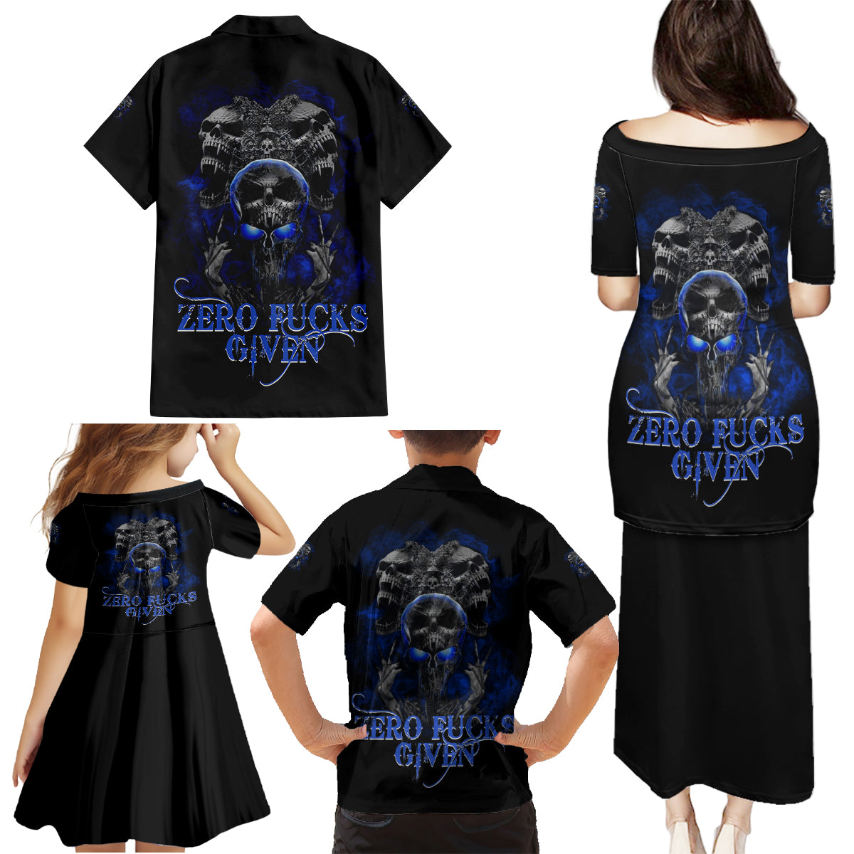 Skull Butterfly Demon - Zero Fck Given Family Matching Puletasi Dress and Hawaiian Shirt - Wonder Print Shop